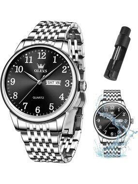 Men's Silver Black Stainless Steel Analog Quartz Classic Waterproof Luxury Watch